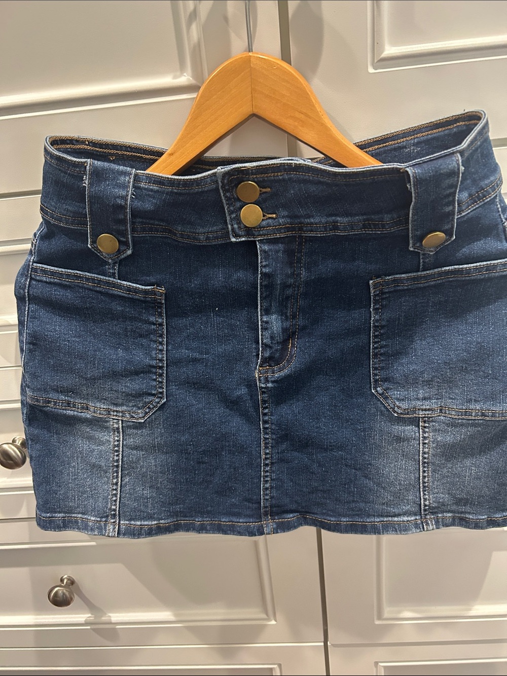 Dark Blue Denim Mini Skirt with Front Patch Pockets